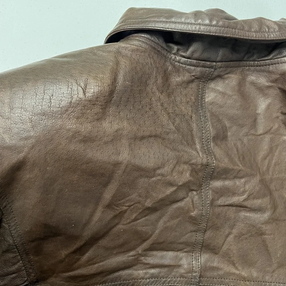 New Order Leather Bomber Jacket Mens M Brown Vintage Quilted Utility